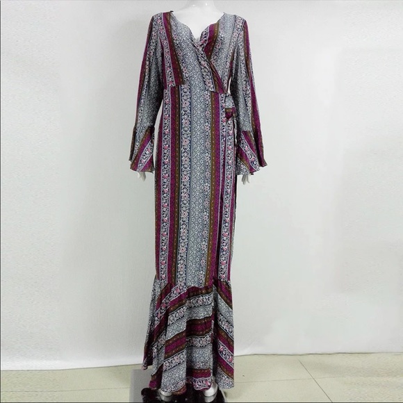 Maroon Stripe Gypsy Floral Print Maxi Wrap Dress - Picture 4 of 4